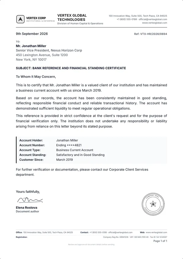 Bank Reference Letter template example