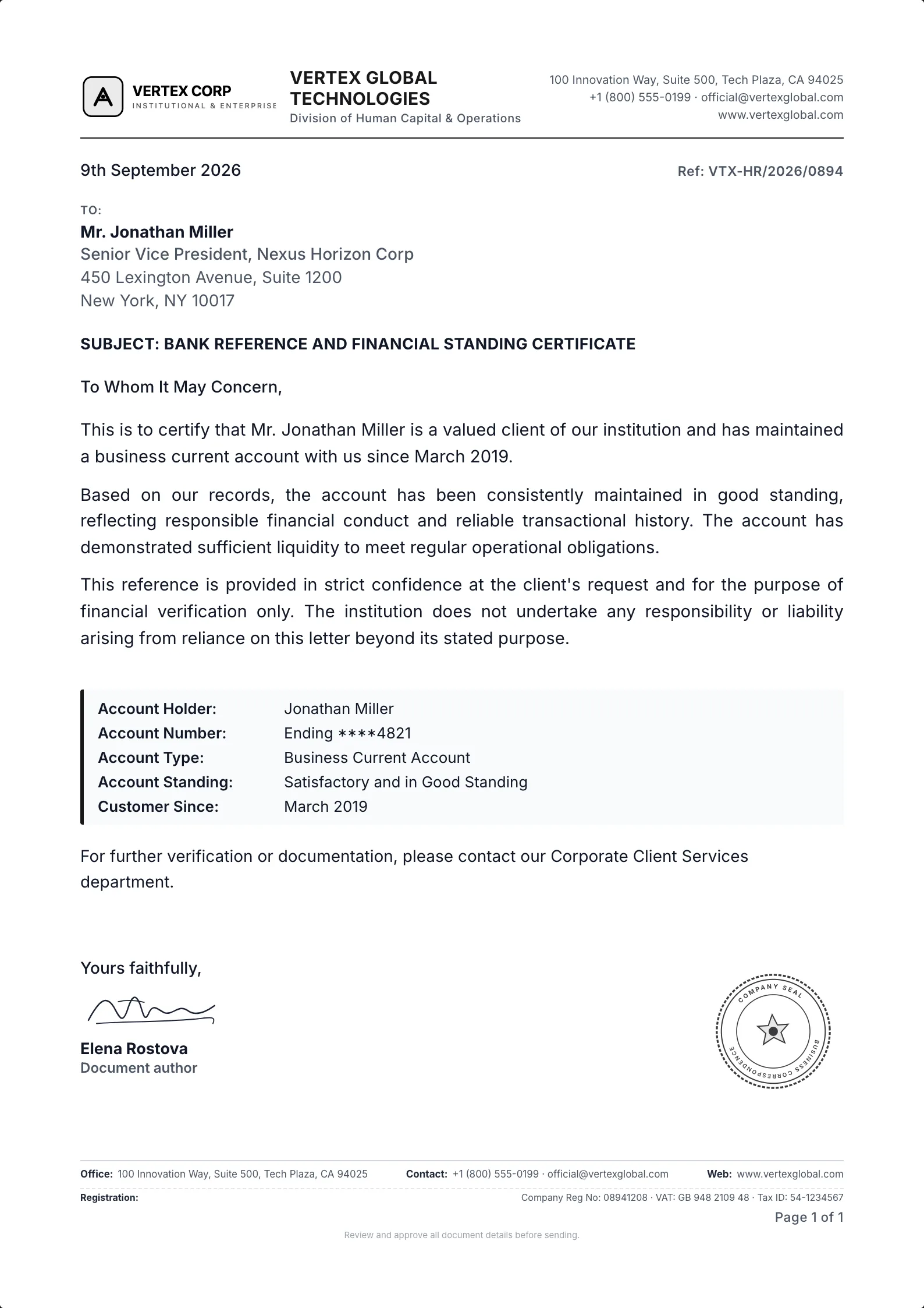 Bank Reference Letter template example on professional letterhead