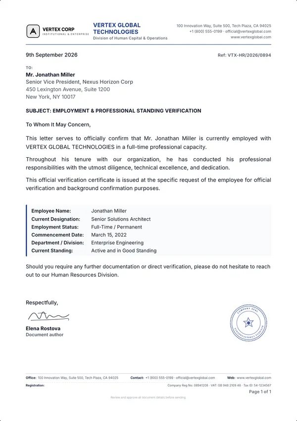 Employment Verification Letter template example