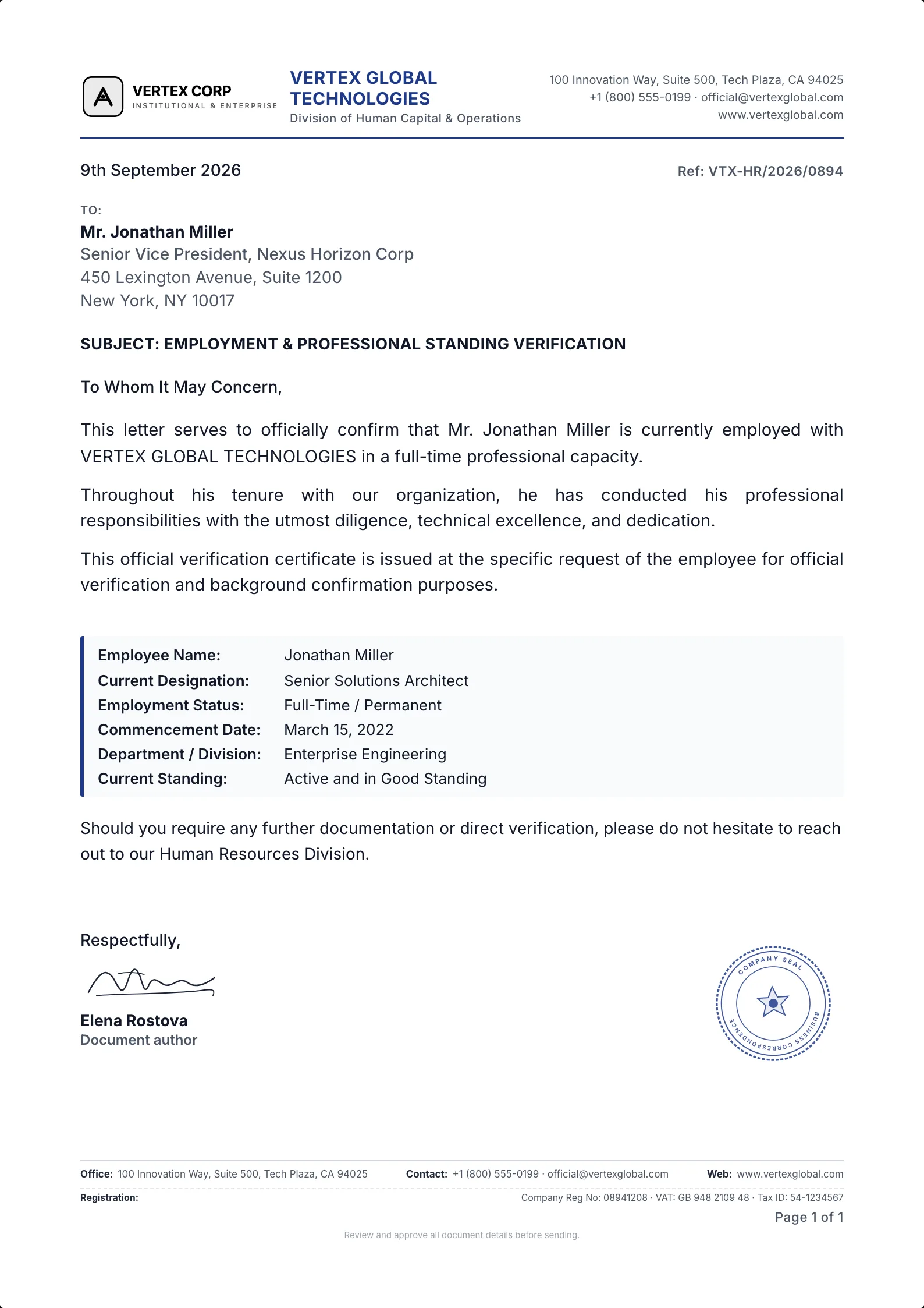 Employment Verification Letter template example on professional letterhead