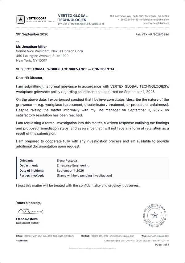 Grievance Letter template example