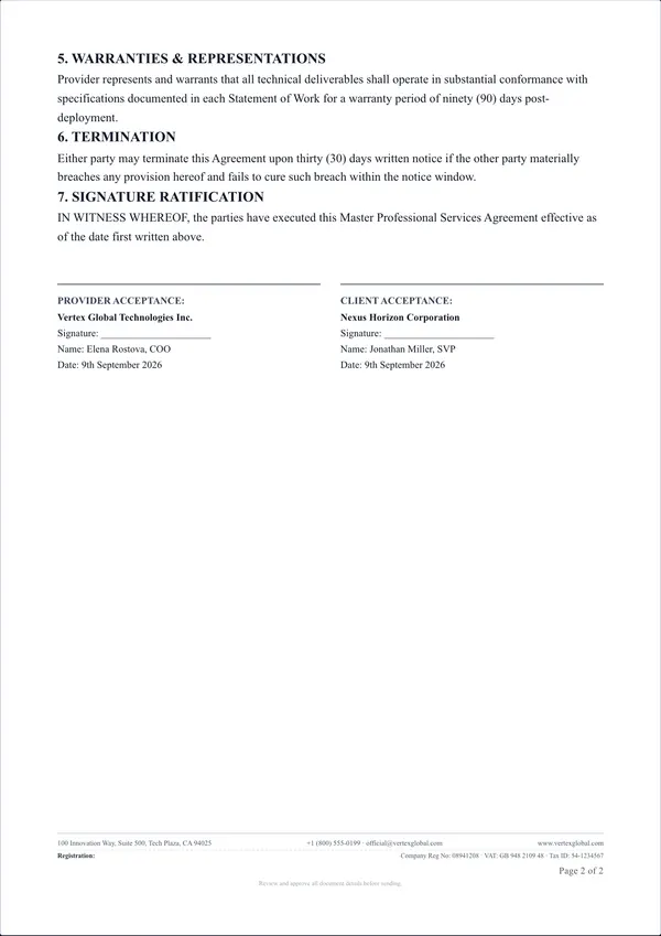 Professional Services Agreement template, page 2