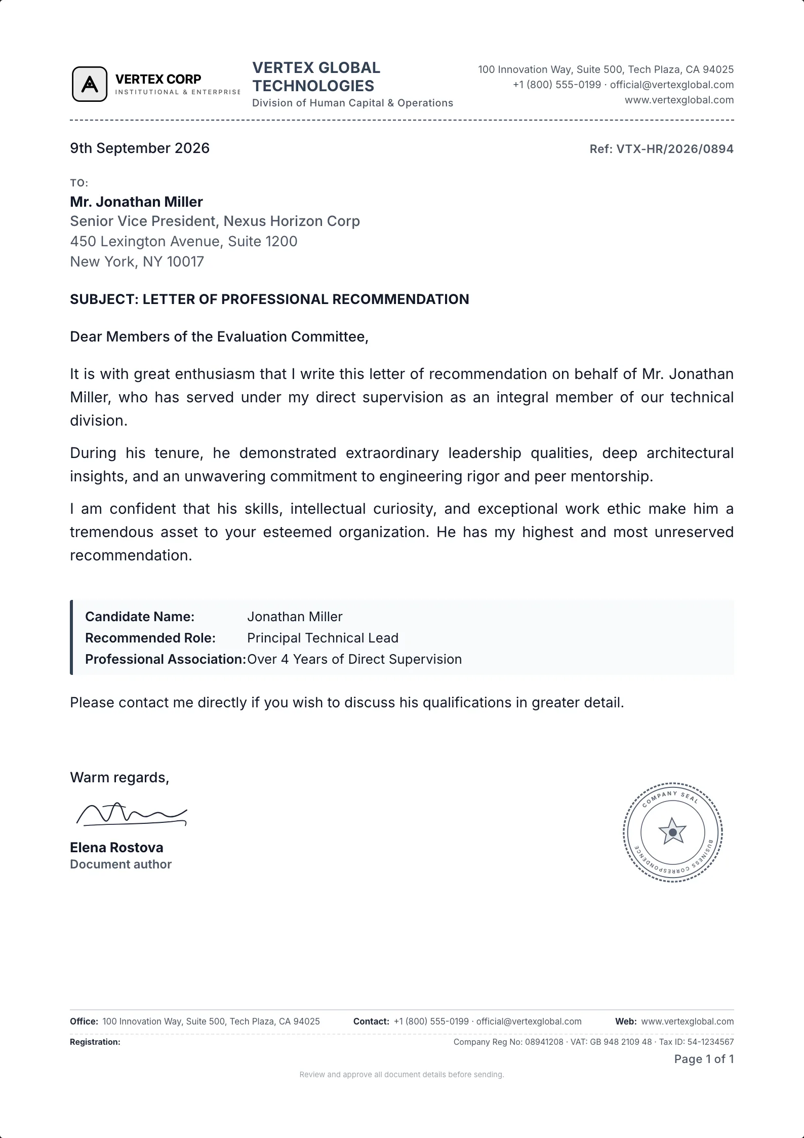 Recommendation Letter template example on professional letterhead
