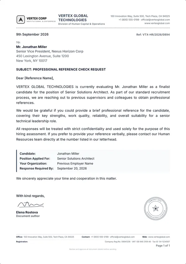 Reference Check Request Letter template example