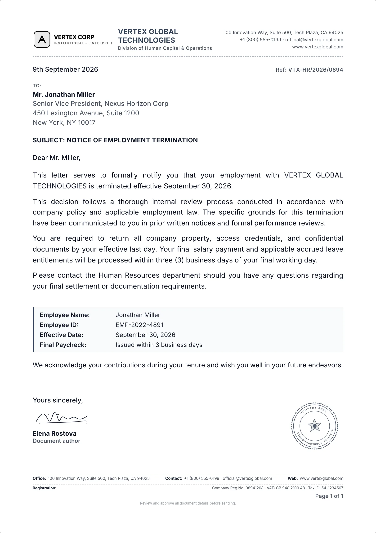 Termination Letter template example on professional letterhead