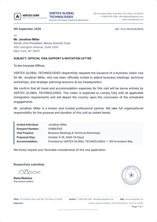 Visa Invitation Letter template example