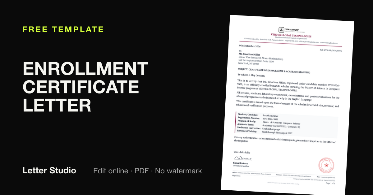 Enrollment Certificate Letter Template (Free) | Letter Studio